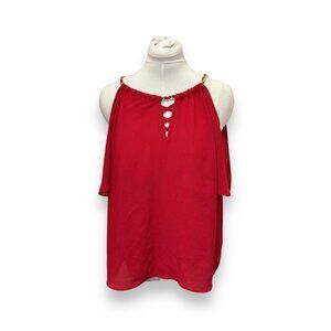 Thalia Sodi Women’s Cold Shoulder Blouse Gold Chain Straps Chic Feminine Red XL